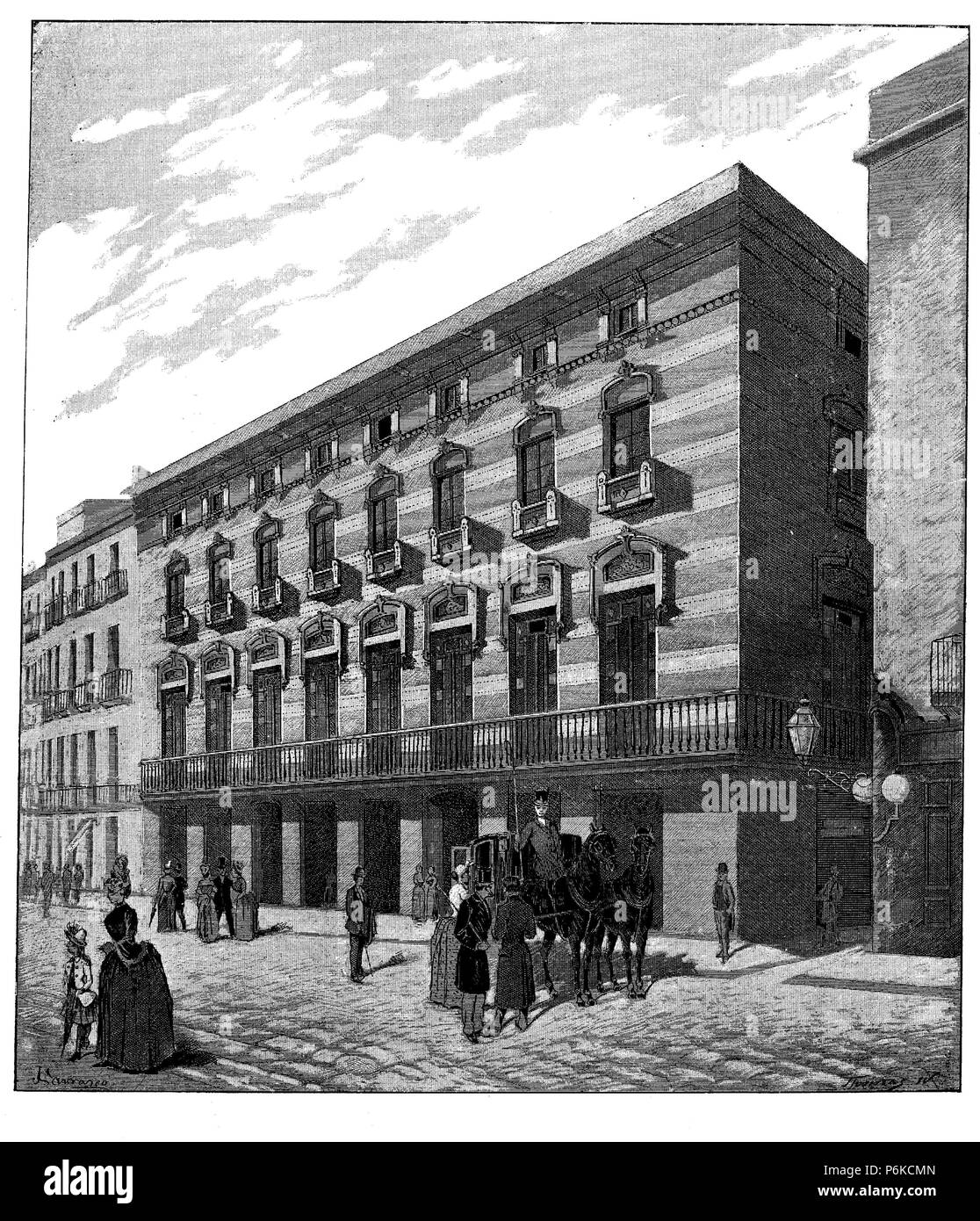 Jarra Inspección Aislante Barcelona. Edificio del fomento del Trabajo en la Plaza de Santa Ana.  Grabado de 1890 Stock Photo - Alamy