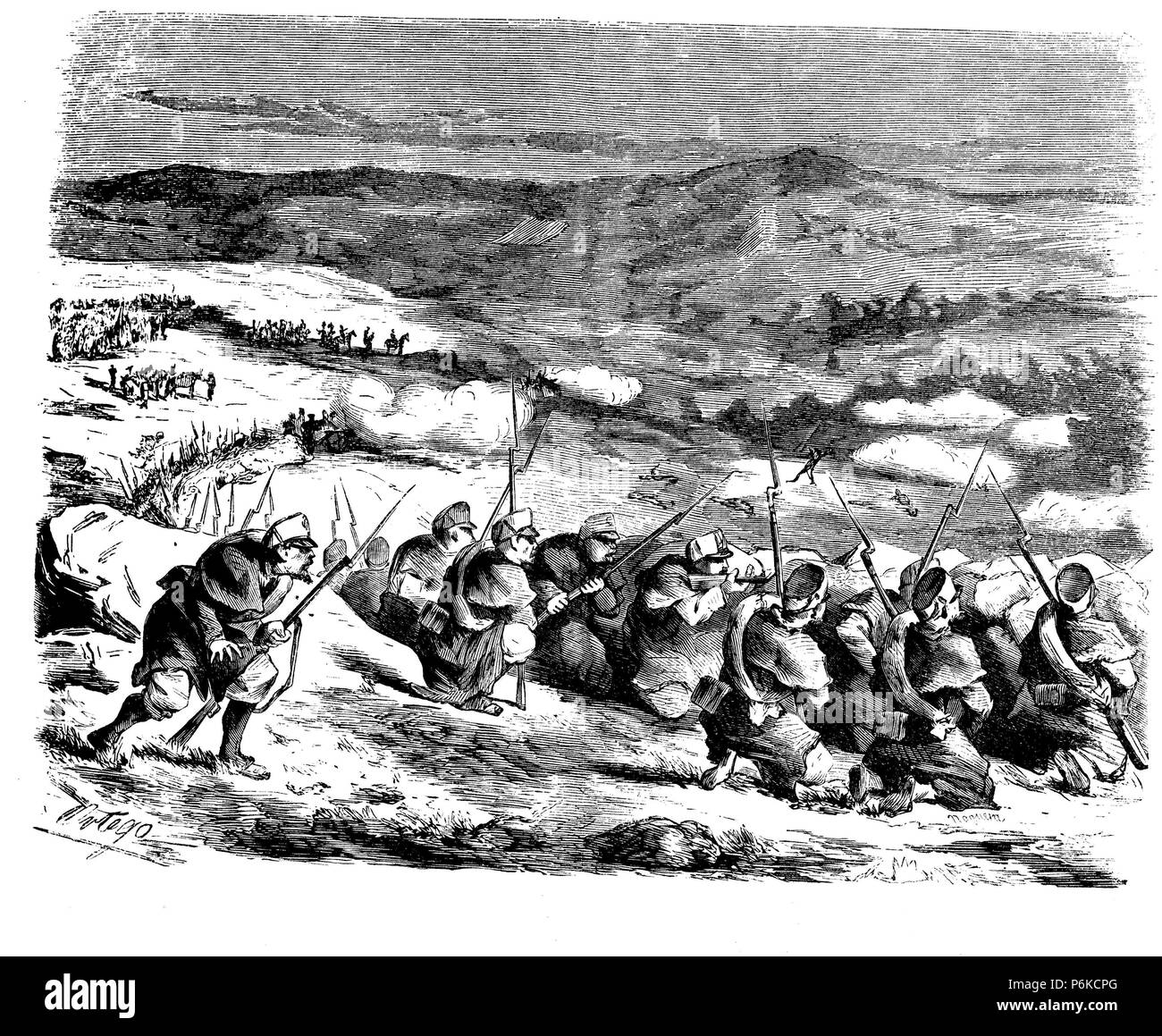 Guerra de África. Año 1860. Soldados españoles en combate. Dibujo de Ortego. Grabado de 1860. Stock Photo