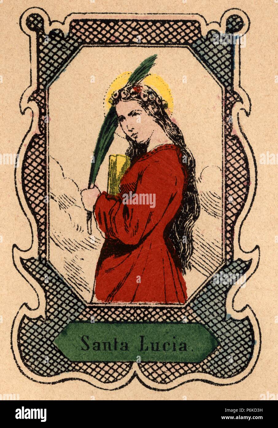 Santa Lucía de Siracusa (283-304), mártir cristiana venerada por las iglesias católica y ortodoxa; patrona de los ciegos. Grabado popular pintado a la trepa de 1870. Stock Photo