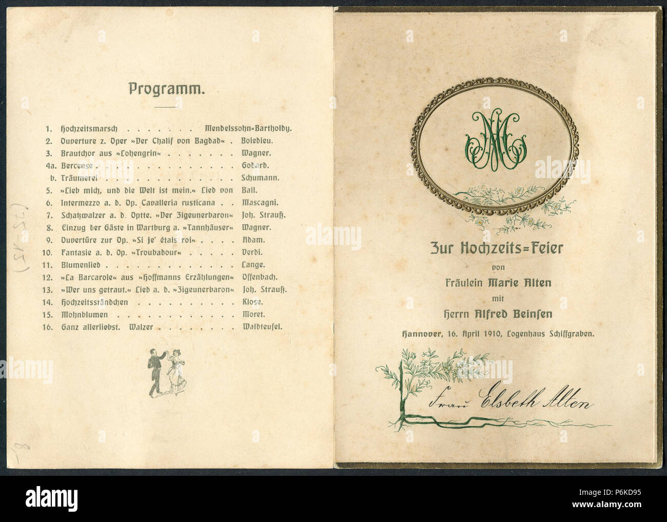 1910-04-16 Einladung Präge-Klappkarte Hochzeitsfeier Marie Alten Alfred  Beinsen Hannover, Logenhaus Schiffgraben, S. 1 4 mit Musik und  Tanz-Programm Stock Photo - Alamy