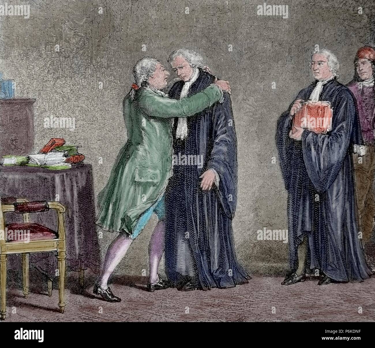 Meeting between Louis XVI (1754-1793) and the Minister Lamoignon-Malesherbes (1721-1794), afterwards counsel for the defence of Louis XVI. Engraving by Blanpain. 19th century. Colored. Stock Photo