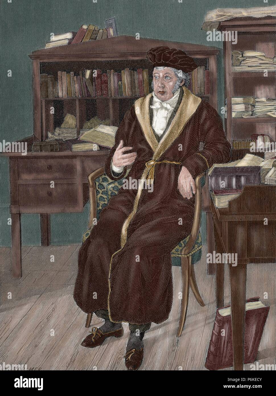 Georg Wilhelm Friedrich Hegel (1770-1831). German philosopher. Hegel in his study. Portrait. Engraving by R. Cremer. Colored. Stock Photo