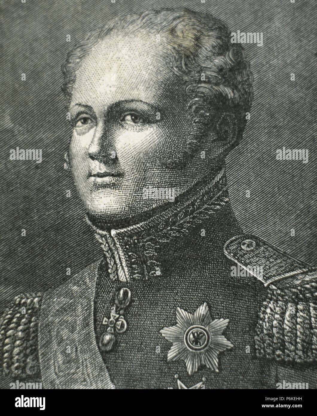 Alexander I of Rusia (1777-1825). Emperor of Russia (1801-1825), the first King of Poland (1815-1825) and the first Russian Grand Duke of Finland. Portrait. engraving. 19th century. Stock Photo