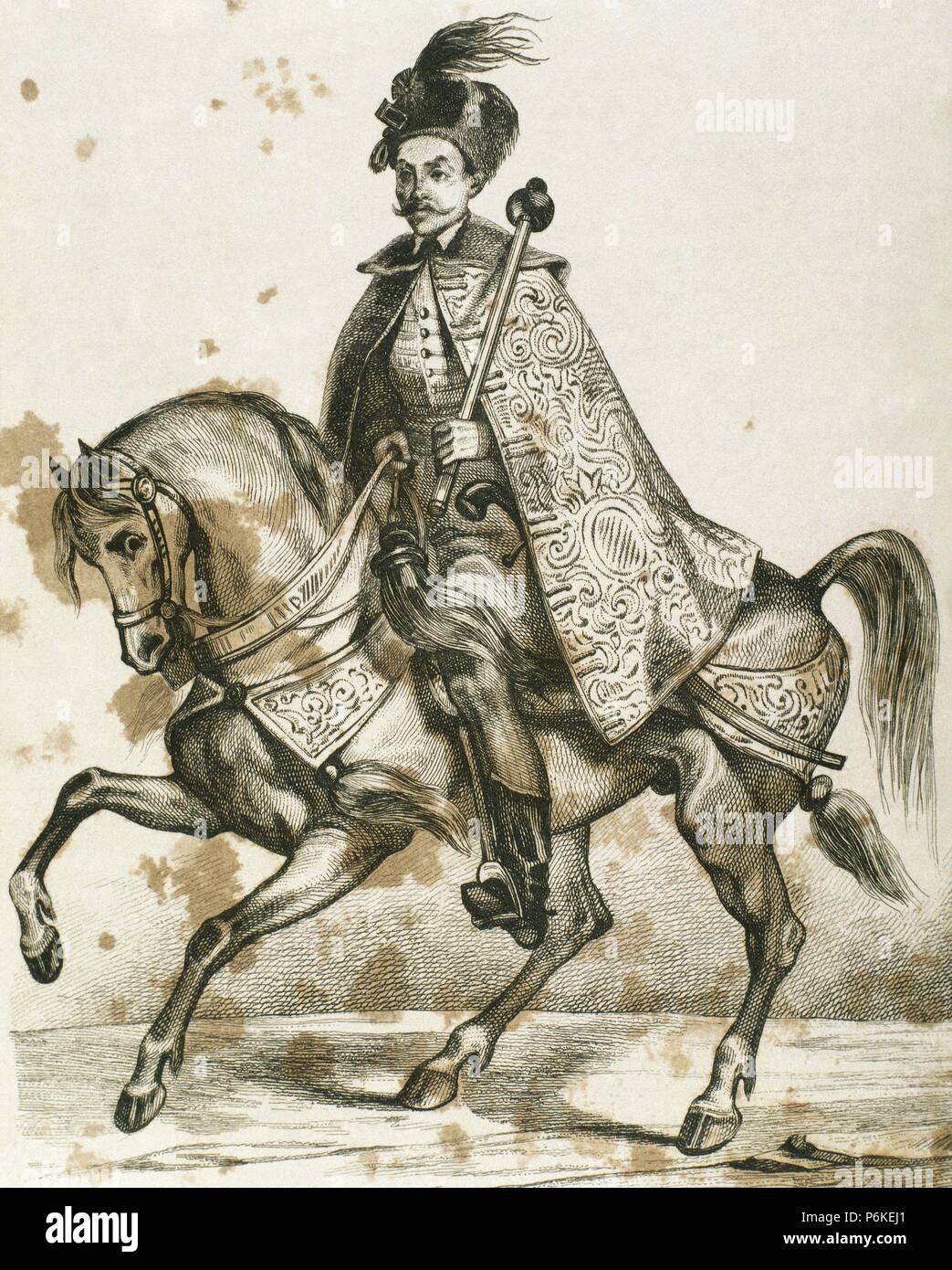 Aleksey Mikhailovich (1629-1676). Tsar of Russia (1645-1676). Equestrian portrait. Engraving. Stock Photo