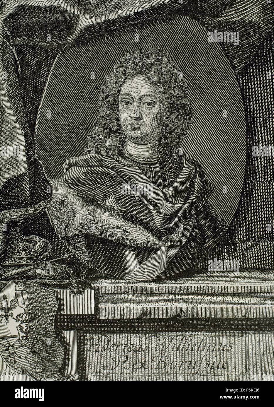 Frederick William I of Prussia(1688-1740). Known as the Soldier King. King in Prussia and Elector of Brandenburg. Engraving by M. Bernigeroth. 19th century. Stock Photo