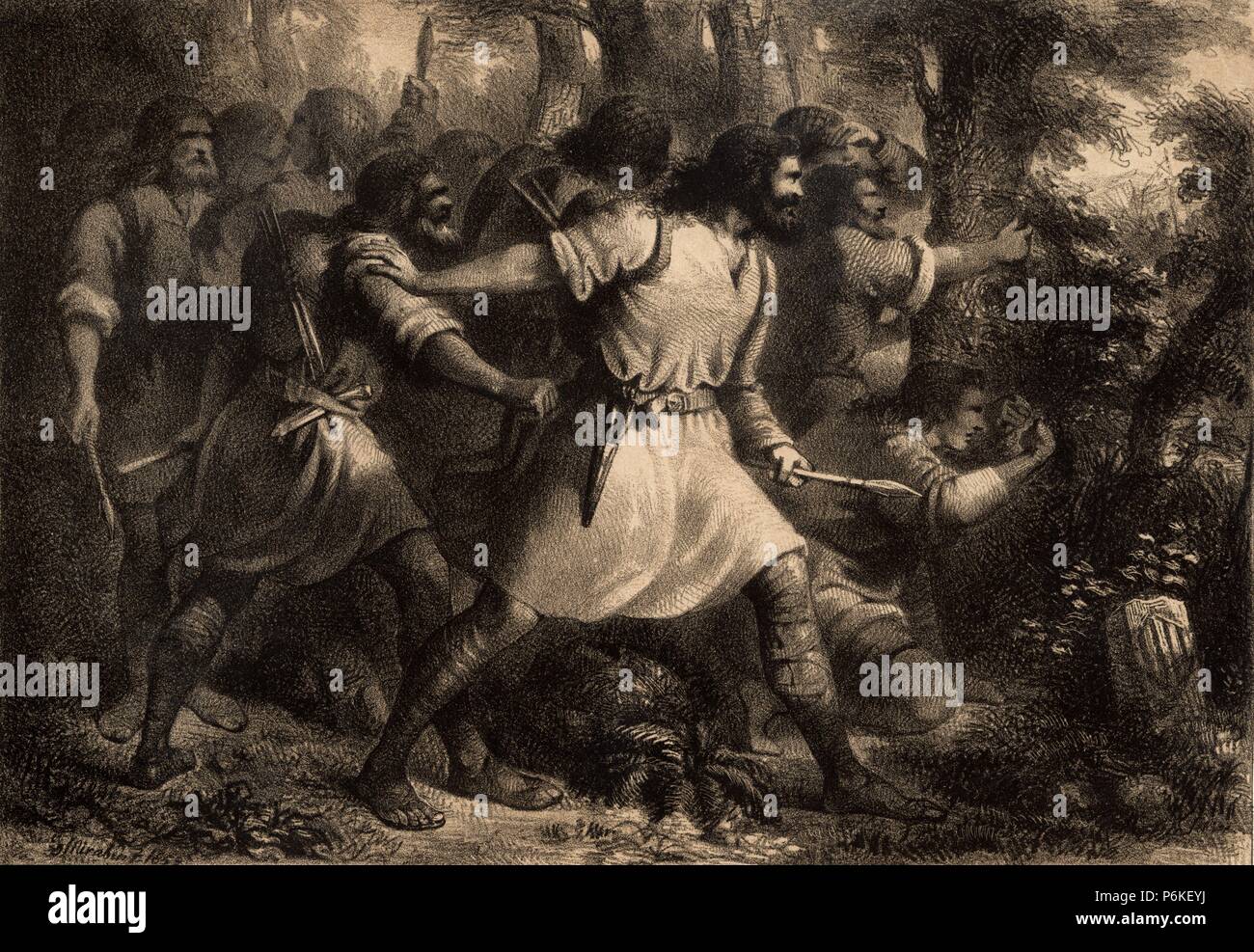Grupo de almogávares catalanes preparados para una batalla. Grabado de 1859. Stock Photo