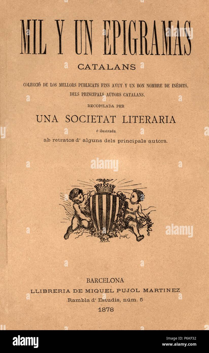 Portada del libro Mil y un epigramas. Recopilación de los principales autores catalanes. Editado en Barcelona, 1878. Stock Photo