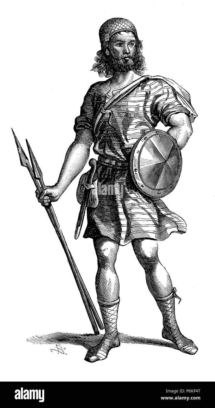 Indumentaria y armas de un guerrero almogávar en el siglo XIII. Grabado de 1880. Stock Photo