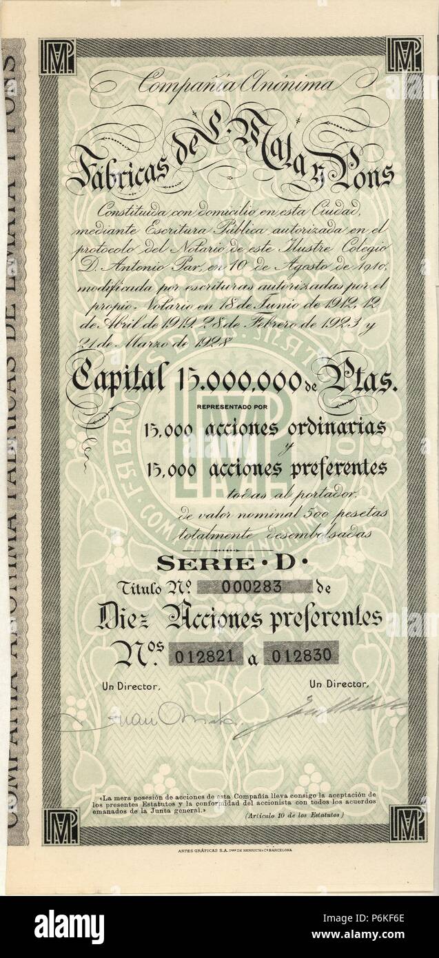 Título de diez acciones preferentes de 500 pesetas cada una, emitido por la Compañía Anónima Fábrica de L. Mata y Pons. Barcelona, 1928. Stock Photo
