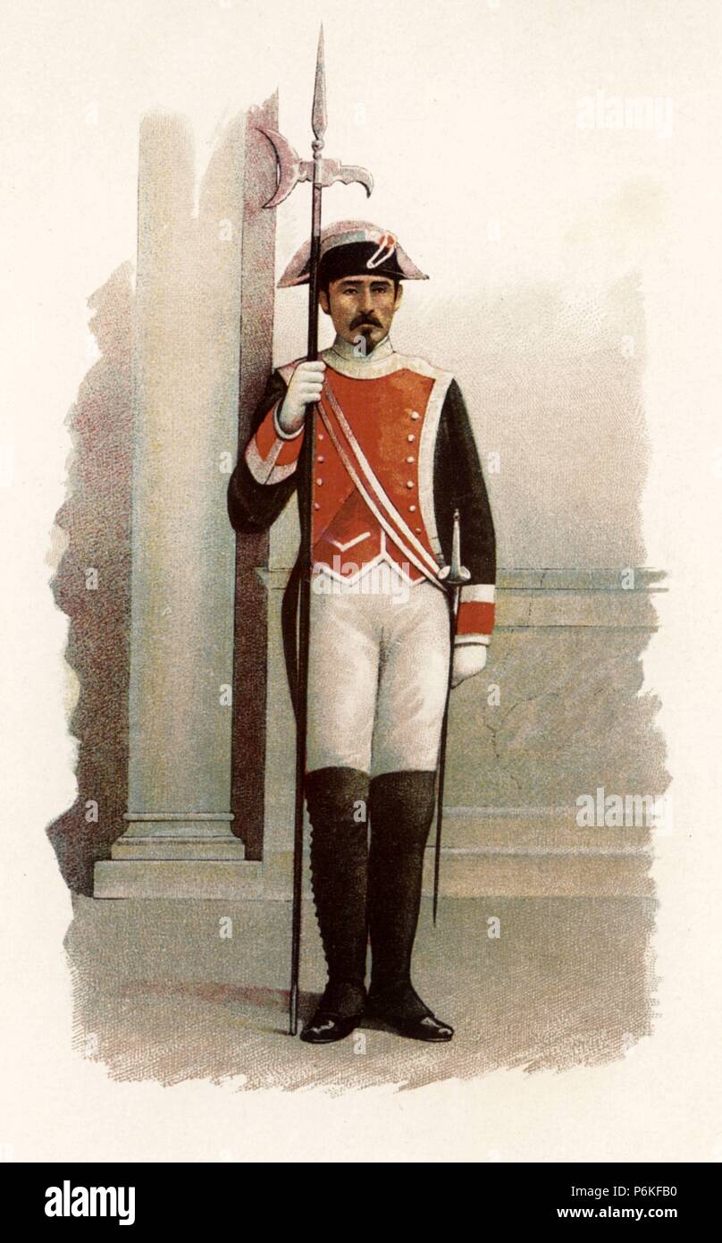 Tipos españoles. Alabardero del Palacio real. Madrid, años 1880. Stock Photo