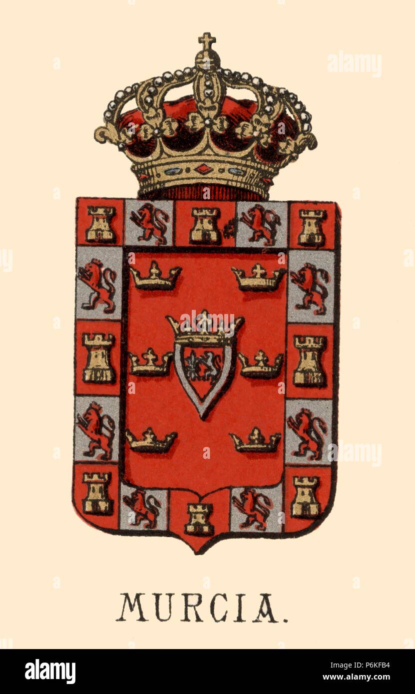 España. Heráldica. Escudo de armas de la provincia de Murcia. Grabado de 1878. Stock Photo