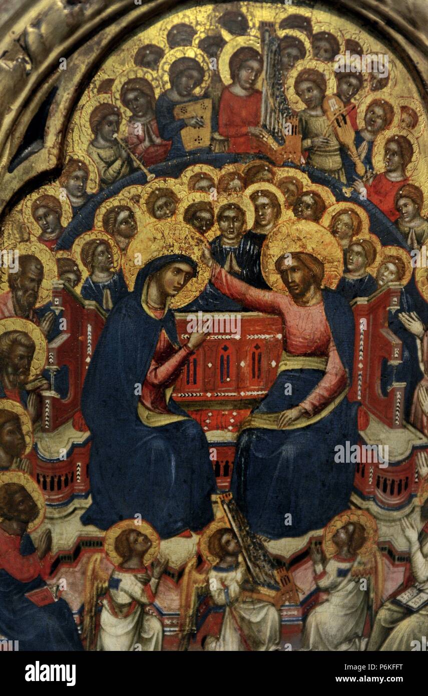 ARTE GOTICO. ITALIA. CATARINO VENECIANO, artista italiano activo de 1362-1390. Tríptico de la Coronación de la Virgen y la Crucifixion. Detalle panel central. Galería Nacional de Praga (Sternberg Palace). República Checa. Stock Photo