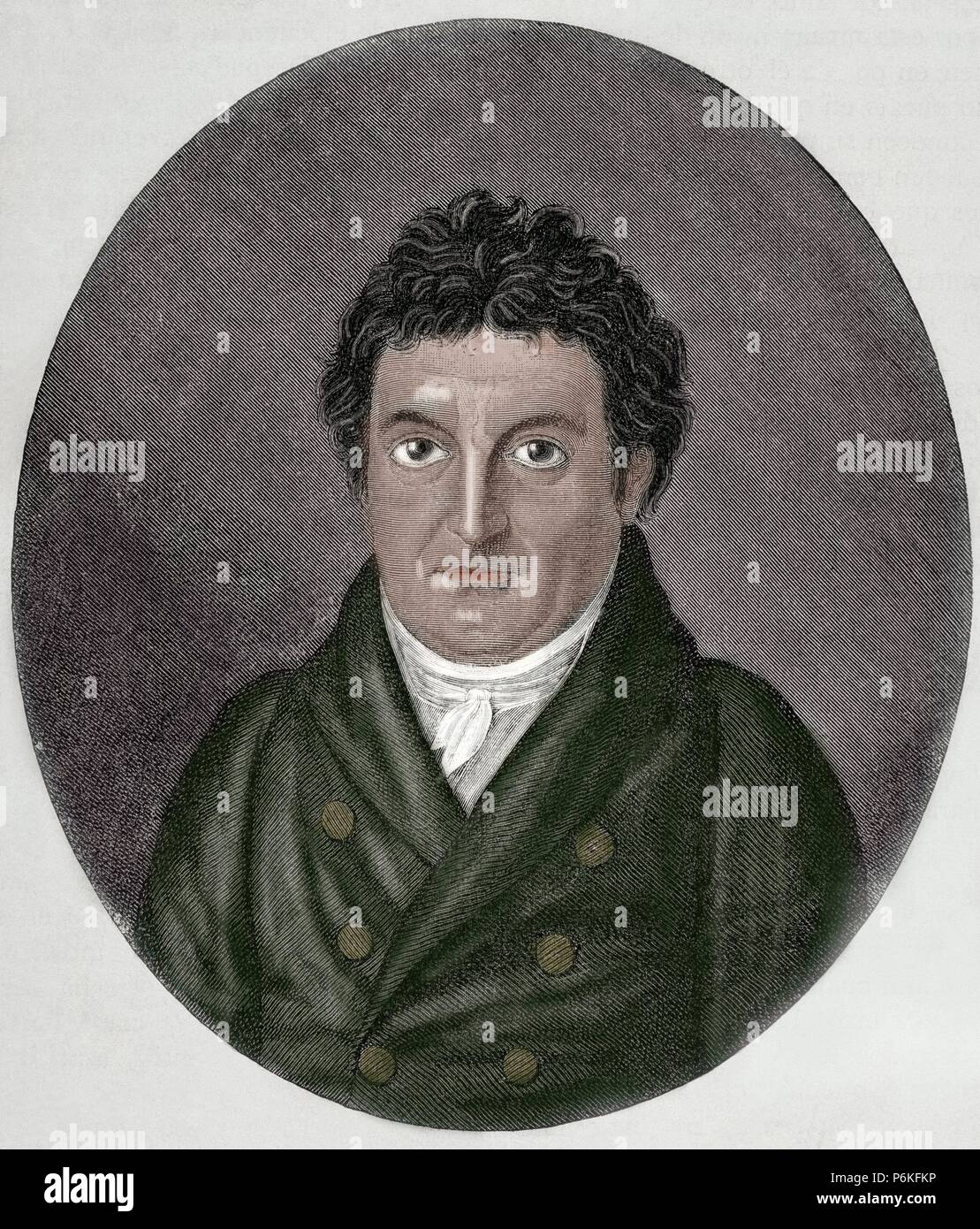 Johann Gottlieb Fichte (1762-1814). German Philosopher. Movement German Idealism. Engraving by J. F. Jugel. Portrait. 19th century. Colored. Stock Photo