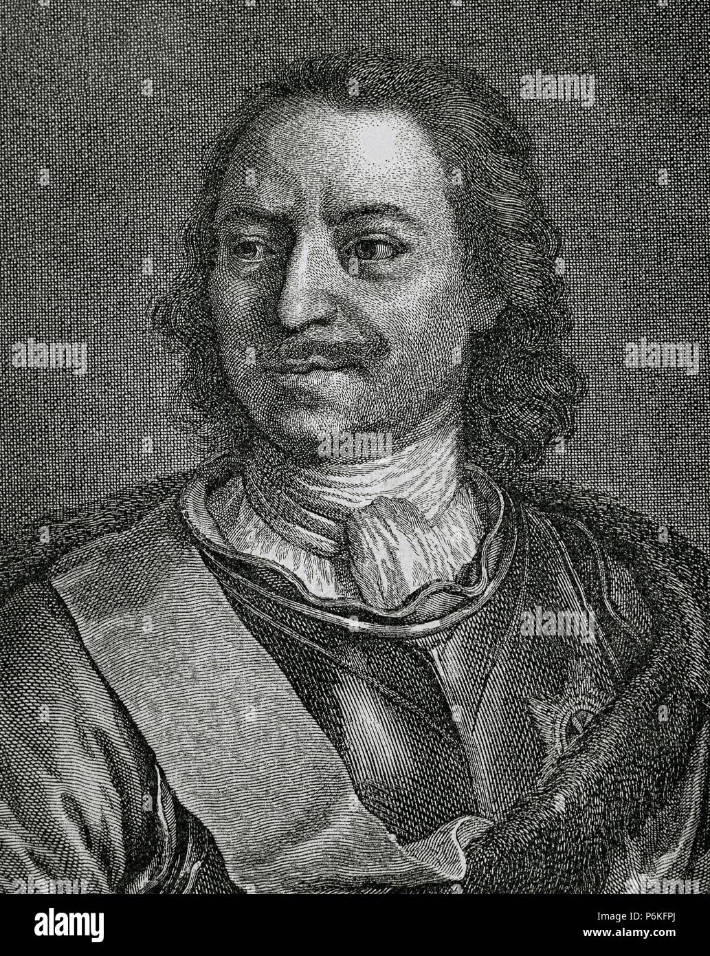 Peter the Great (1672-1725). Tsar of All Russia (1682-1721) and Emperor of All Russia (1721-1725). Portrait. Engrving. 19th century. Stock Photo