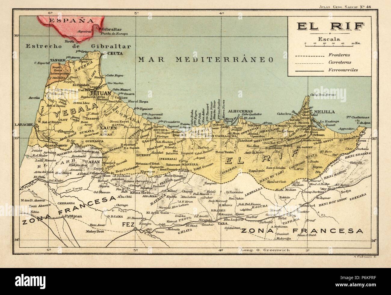 España. Mapa de El Rif, con los límites de las colonias españolas en el norte de África en los años 1920. Stock Photo