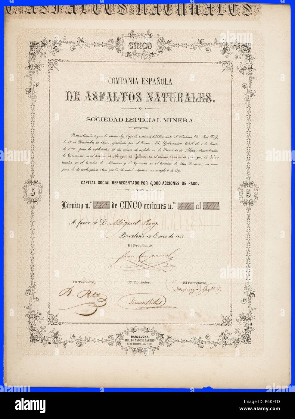 Título de cinco acciones en reales de vellón de la Compañía Española de Asfaltos Naturales, Sociedad Especial Minera. Barcelona, 12 de enero de 1861. Stock Photo