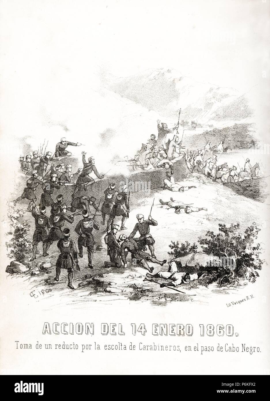 España. Guerra de África. Toma de un reducto en el paso del Cabo Negro por los carabineros. Grabado de 1860. Stock Photo