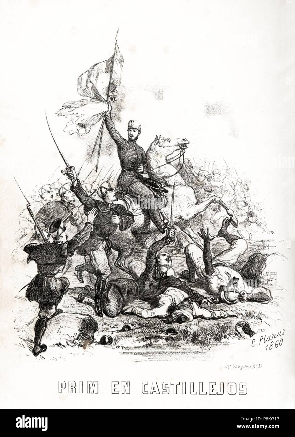 España. Guerra de África. El general Prim en la batalla de Castillejos. Grabado de 1860. Stock Photo