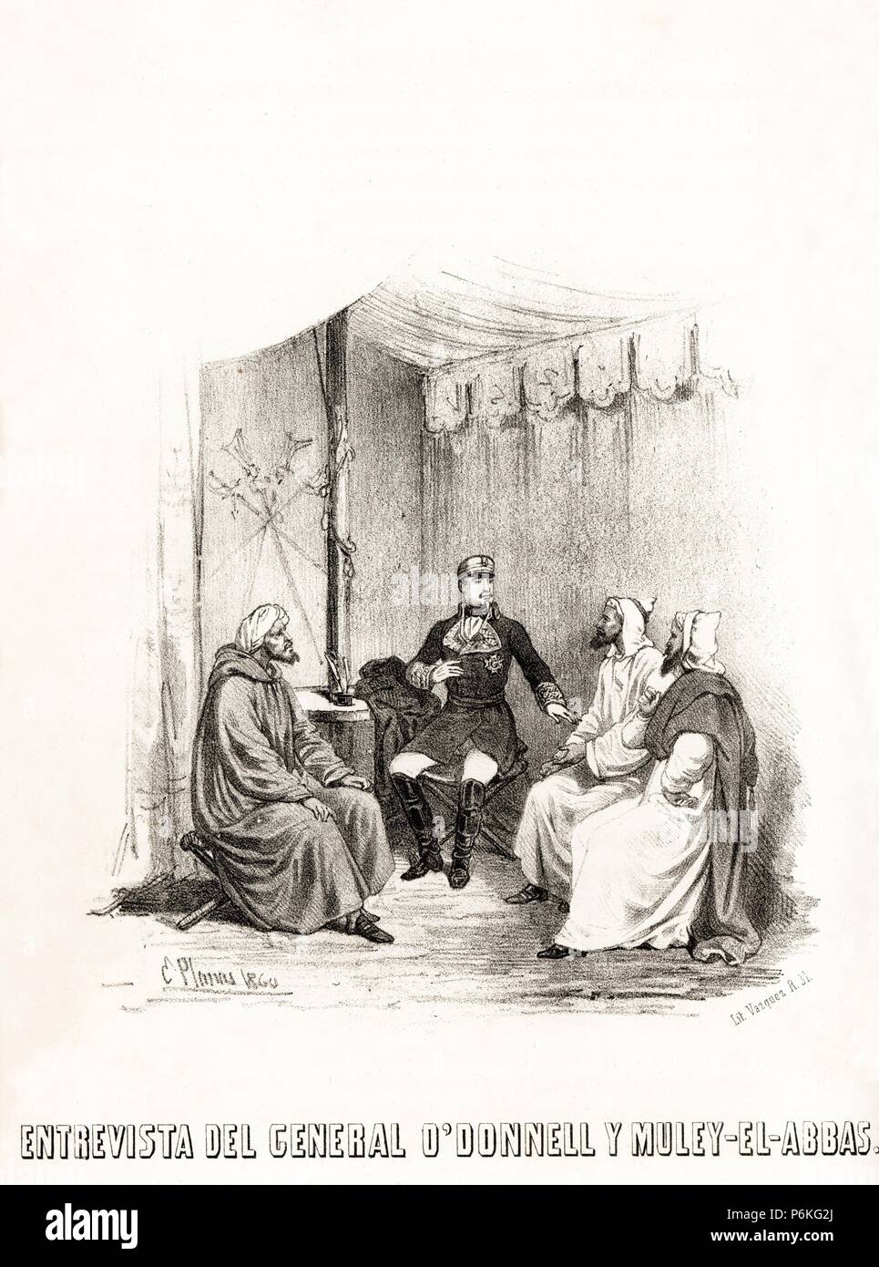 España. Guerra de África. Entrevista para la firma de paz entre el general Leopoldo O'Donnell y el príncipe Muley el-Abbás, hermano del sultán de Marruecos. Grabado de 1860. Stock Photo