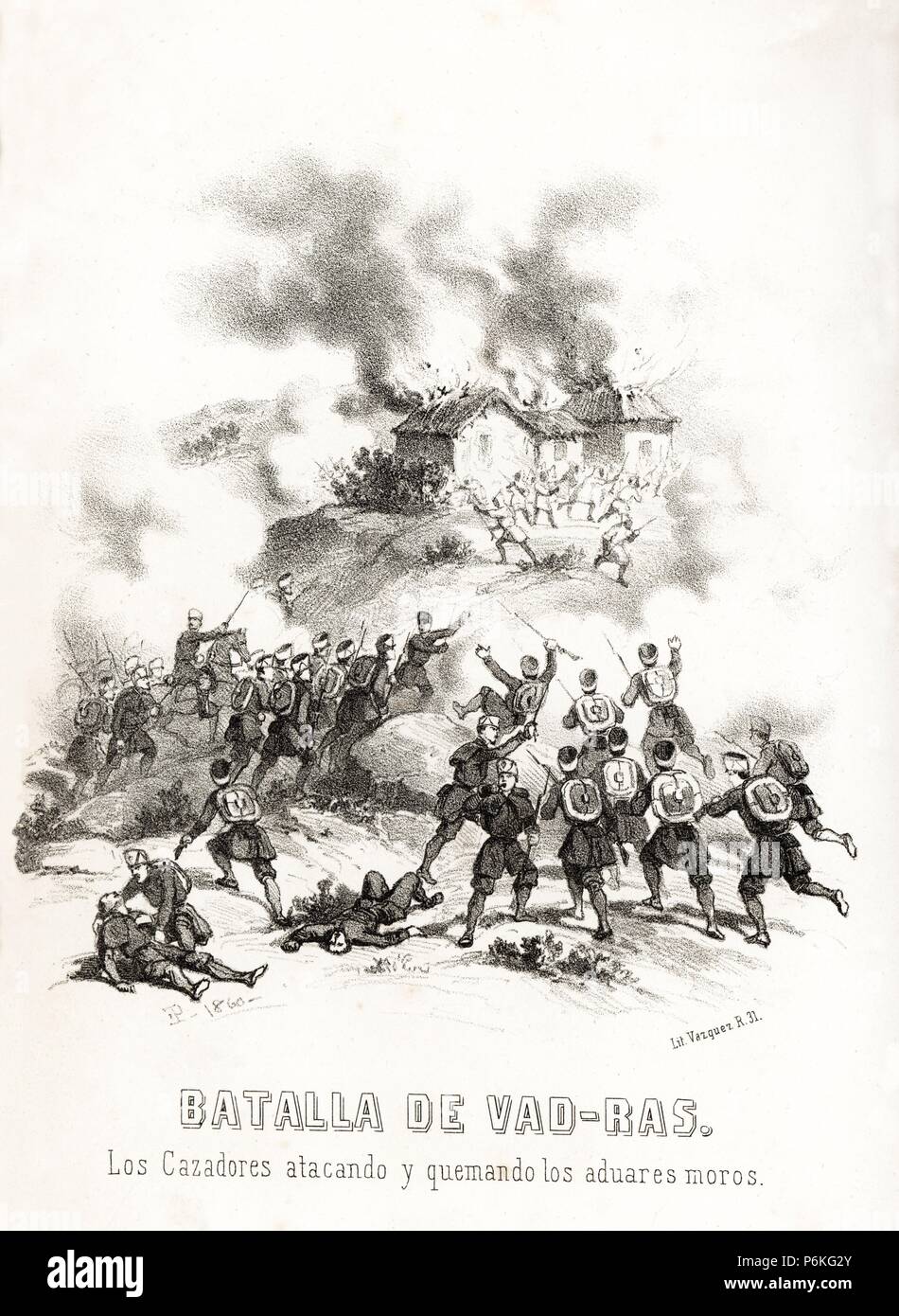 España. Guerra de África. Batalla de Vad-Ras. Los cazadores de marina atacando y quemando los aduares moros el 23 de febrero de 1860. Grabado de 1860. Stock Photo