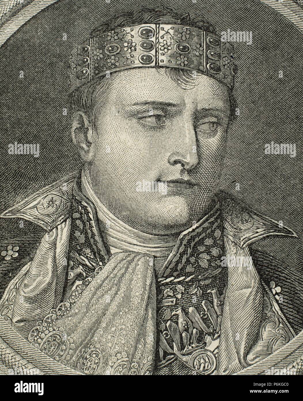 Portrait of Napoleon Bonaparte (1769-1821) when crowned King of Italy, in  Milan. Engraving, 19th century Stock Photo - Alamy