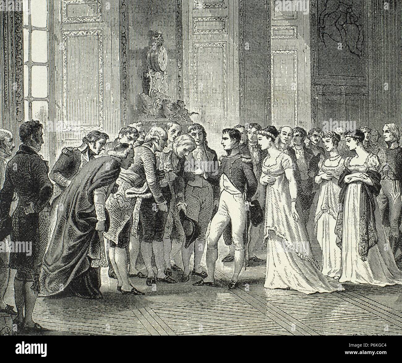 Napoleon Bonaparte (1769-1821).  Emperor of the French from 1804-1814. Engraving by Longhi, 1812. Reception at the Saint-Cloud Palace. Engraving by E. Deschamps, 1903. Stock Photo