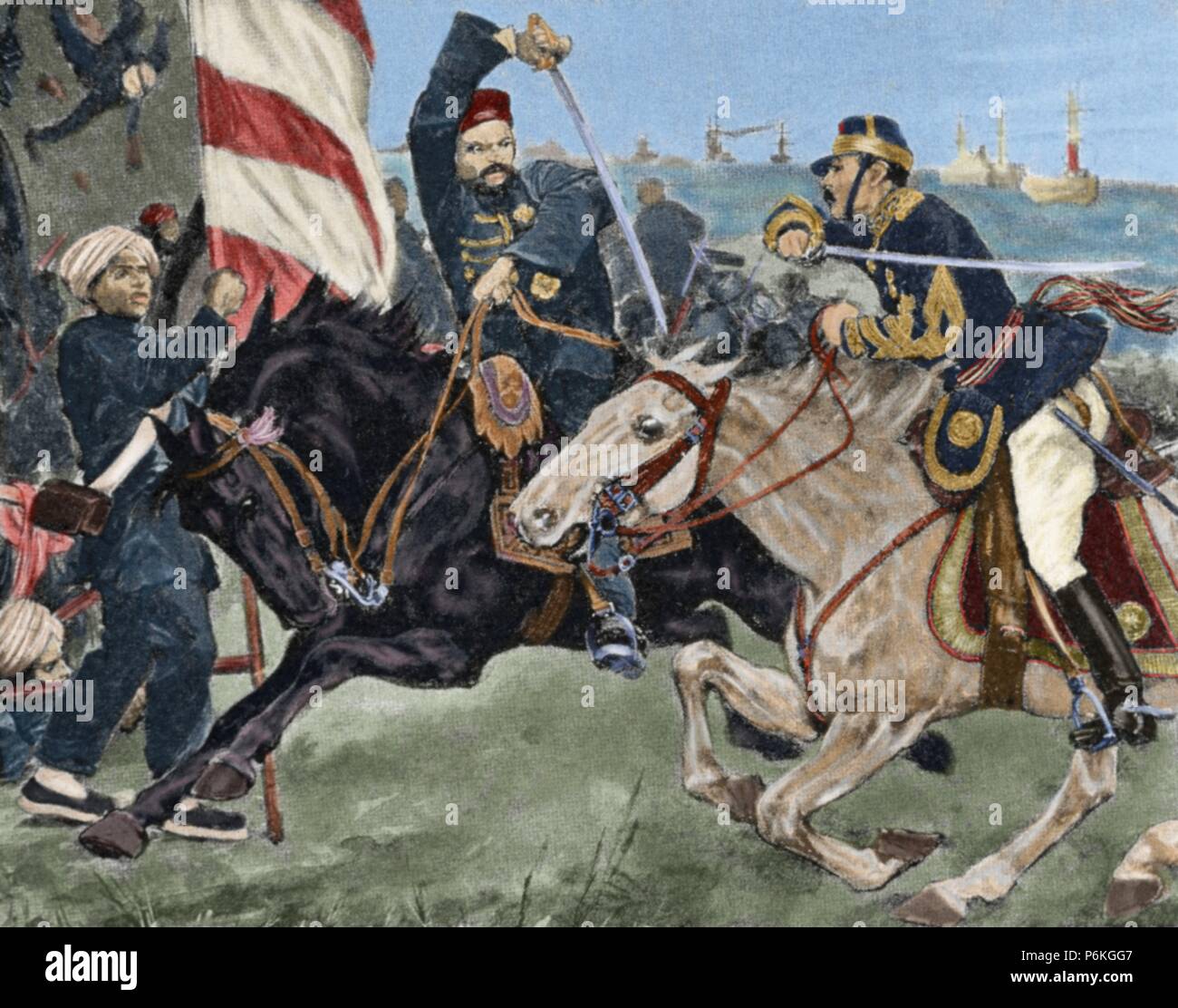 First Sino-Japanese War (1894-1895). Battle of Ping-Yang (September 15, 1894). The Japanese take a Chinese position. Engraving. Colored. Stock Photo