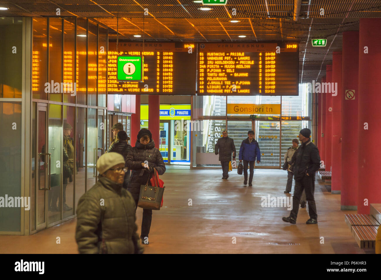 Timetables at bus terminal at Viru Center in Tallinn Estonia Stock Photo