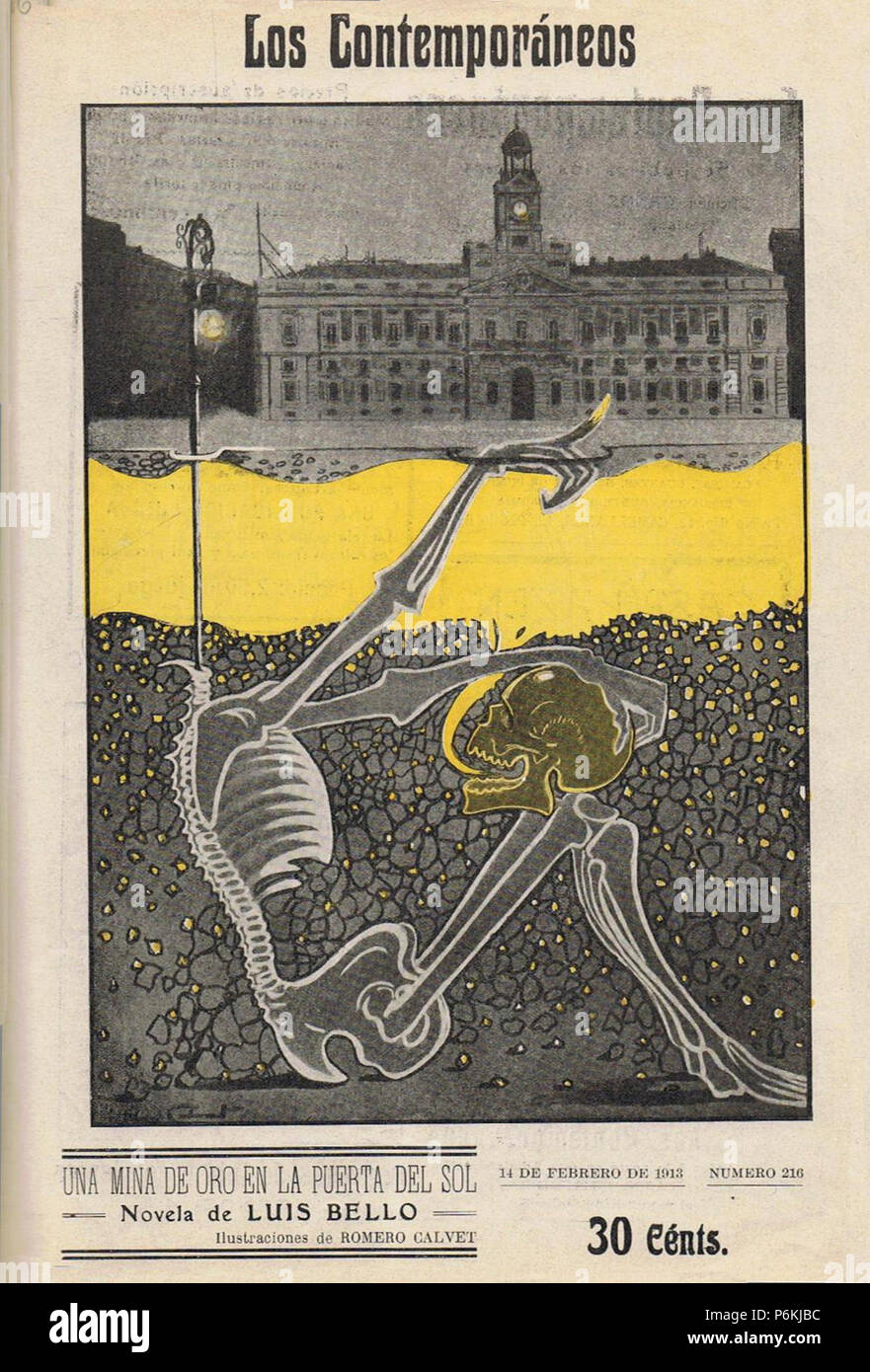 1913-02-14, Los Contemporáneos, Una mina de oro en la Puerta del Sol, novela de Luis Bello, ilustraciones de Romero Calvet. Stock Photo