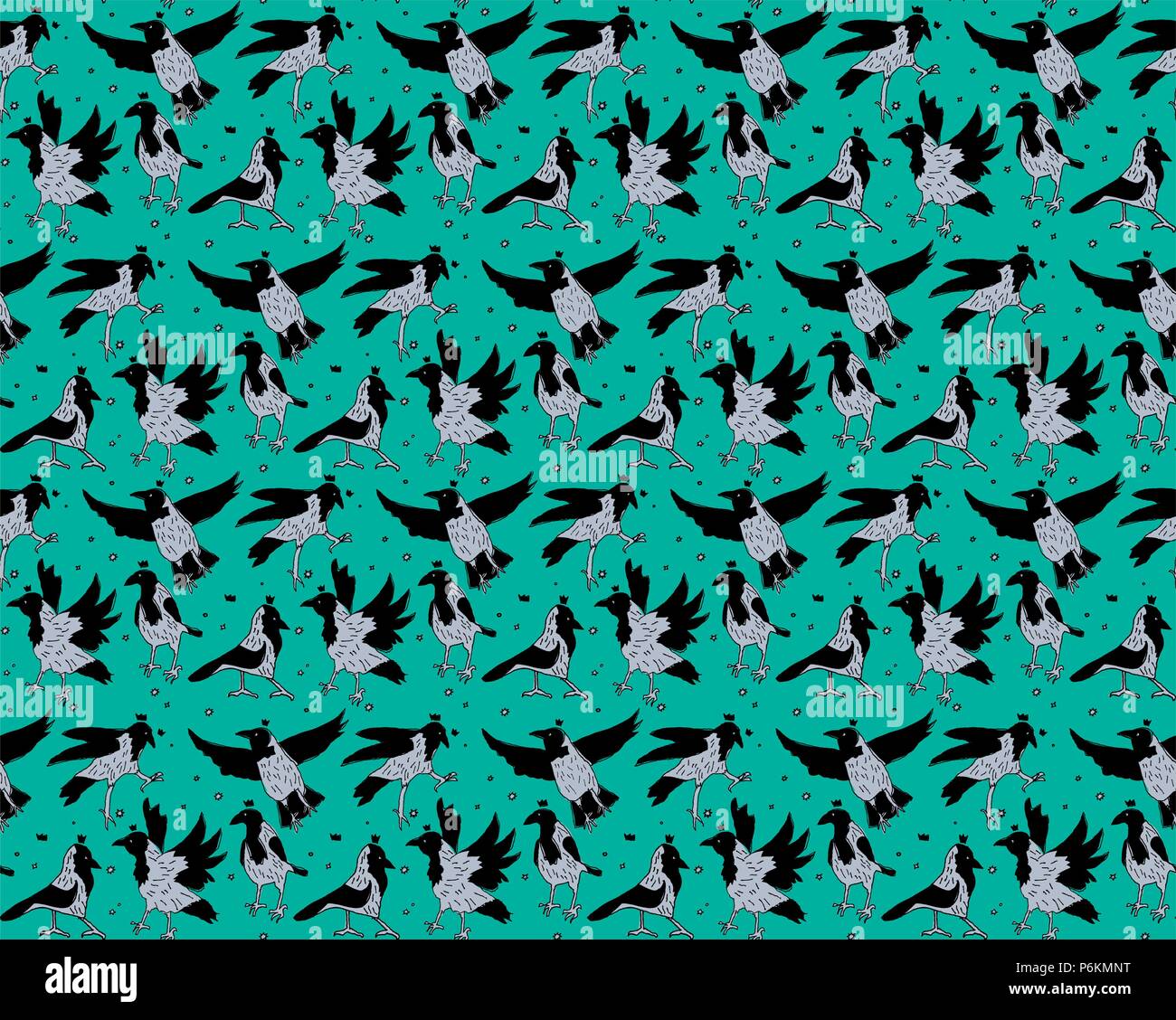Gray crows in crowns birds sky seamless pattern Stock Vector