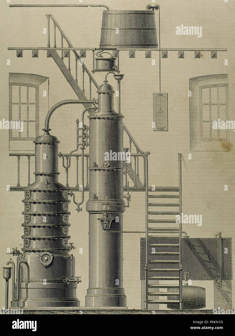 Egrot apparatus. Alcohol destillation. Gold medal. Exposition of Paris, 1878. Engraving by Victor Rose. La Ilustracion Espanola y Americana, 1897. Stock Photo