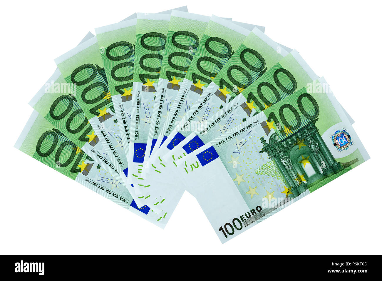 Frontal view fan of 100 euro banknotes isolated on white background Stock Photo