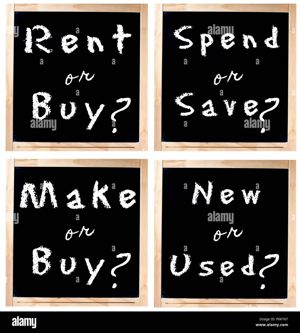 Make or buy, rent or buy, spend or save, new or used question handwritten with white chalk on blackboard Stock Photo