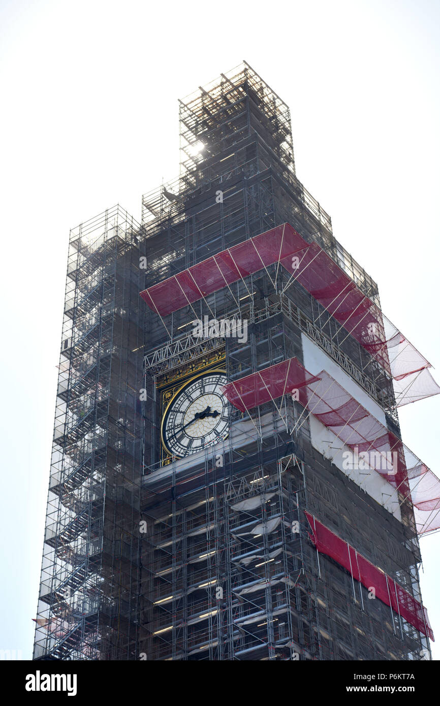 Westminster, Houses of Parliament where Big Ben is covered in scaffold as it undergoes restoration in London. Stock Photo