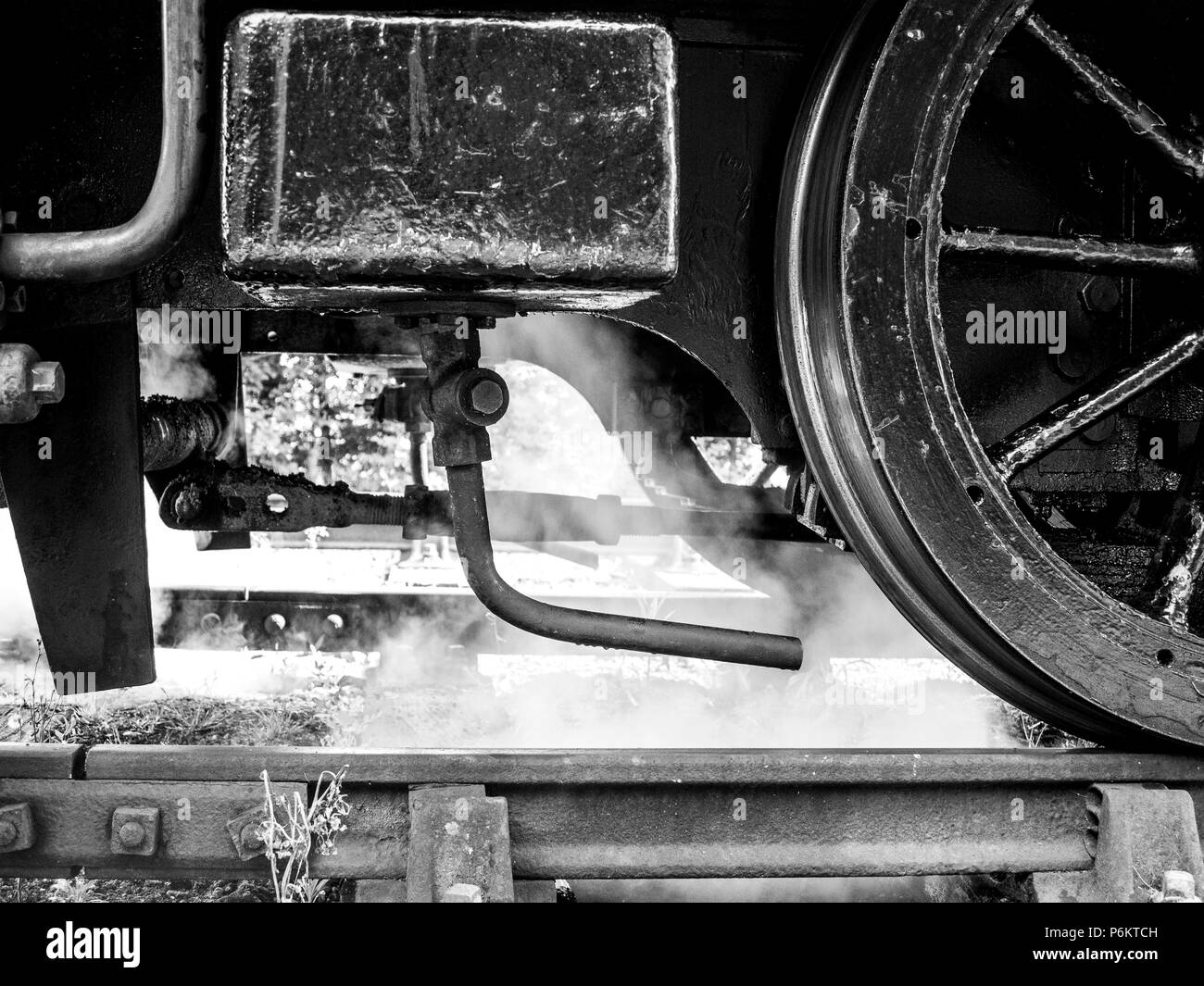 Monotone close up shot of a steam locomotive's wheels with steam at the Mid Suffolk Light Railway Stock Photo