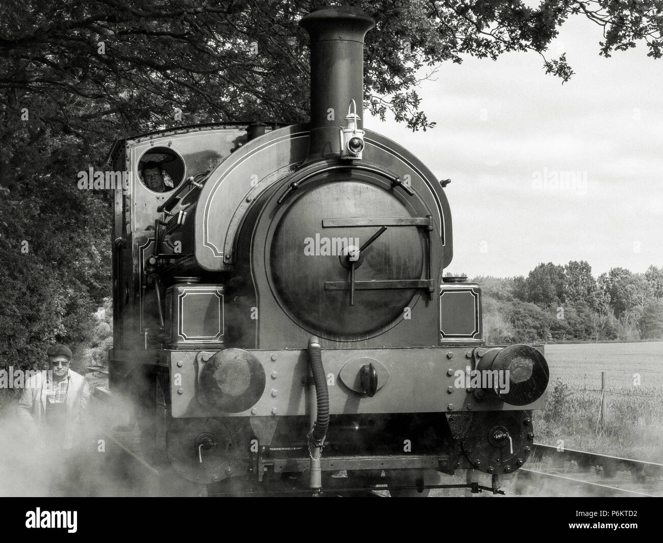 Monotone frontal shot of a steam locomotive at the Mid Suffolk Light Railway with engineer walking along side in the steam Stock Photo
