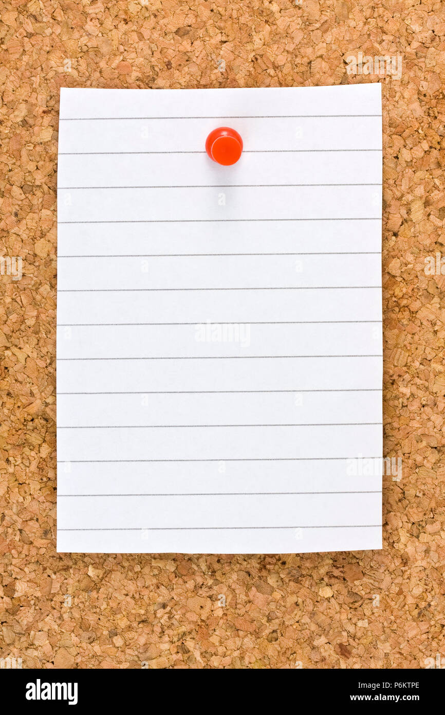 Vertical blank white striped sheet on cork board with a red small thumb