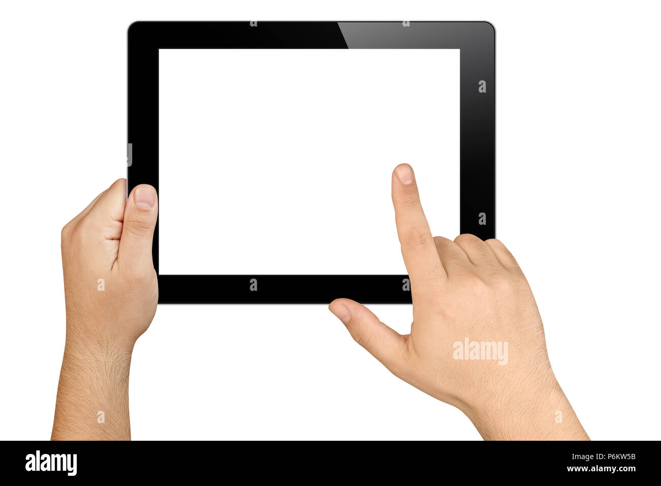 hands working with tablet pc in landscape orientation with blank white