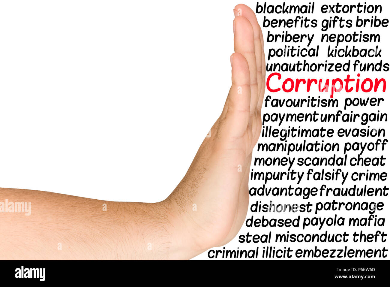 Concept shot featuring male hand in a halt gesture to reject corruption isolated Stock Photo