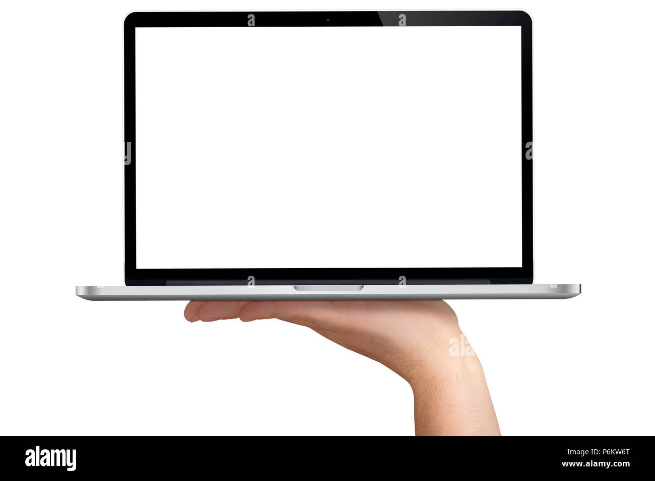 hand holding notebook with blank white monitor frontal view isolated Stock Photo
