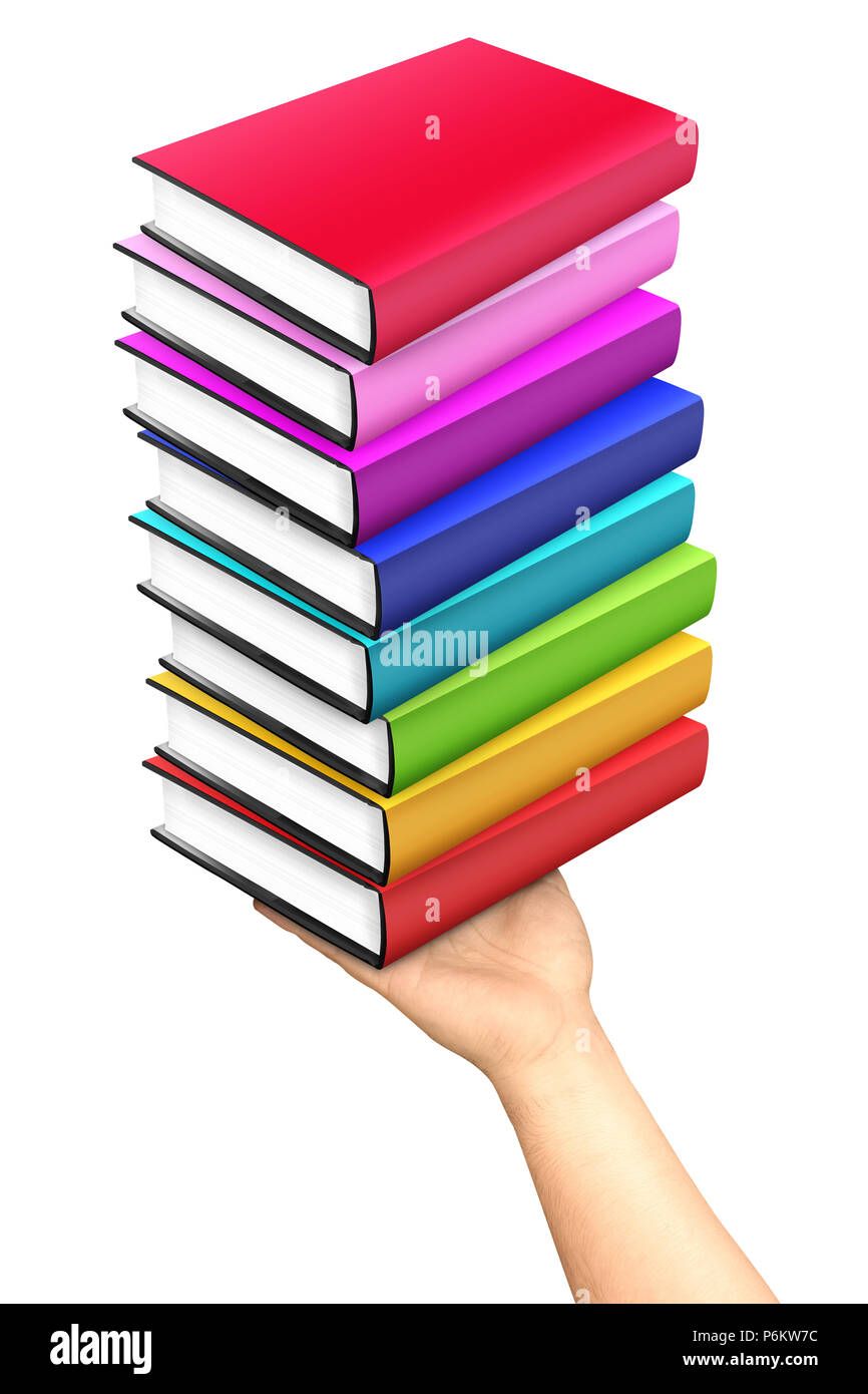 Hand holding stack of colorful hard cover books isolated Stock Photo