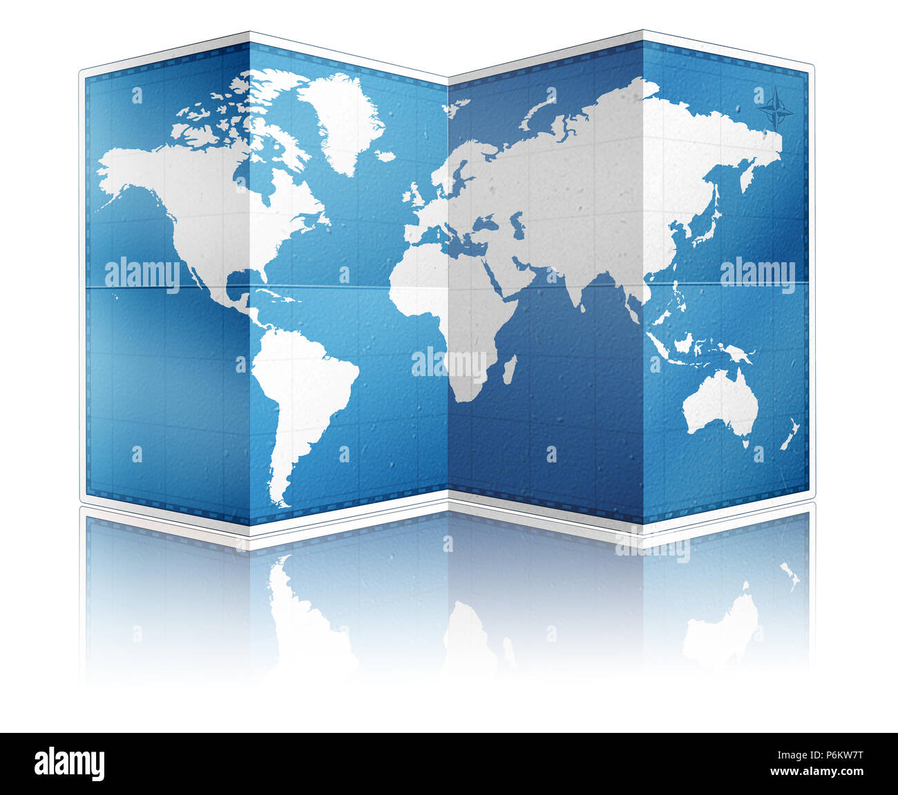 Standing folded world paper map with reflection on white Stock Photo