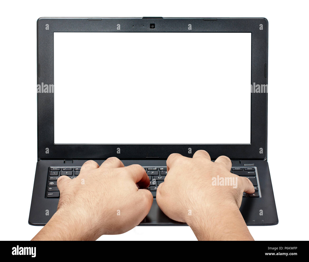 Hands typing on laptop keyboard front view isolated Stock Photo - Alamy