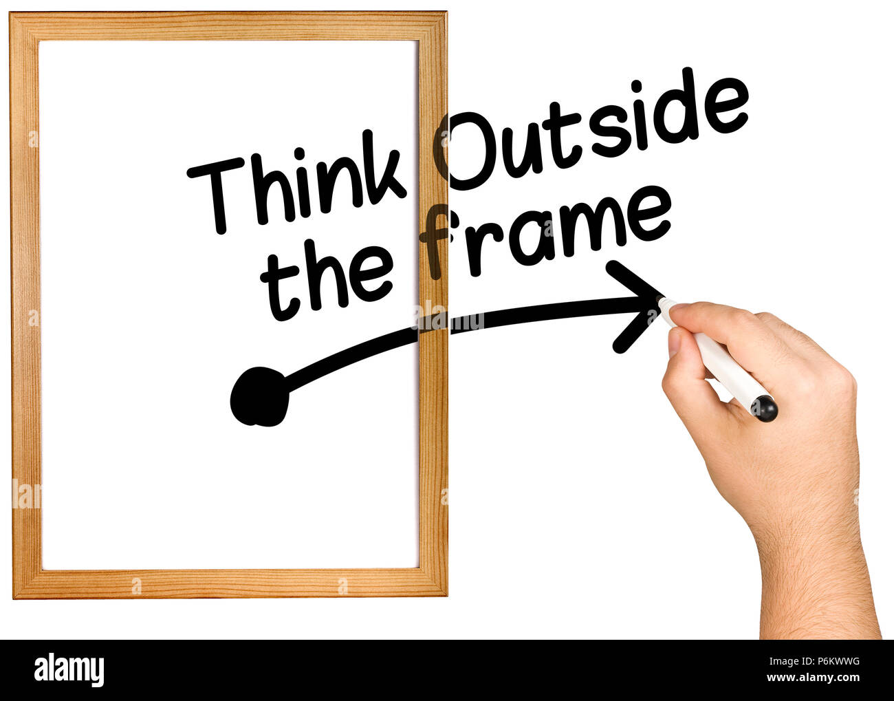 Hand Writing Think Outside the Frame on Whiteboard Stock Photo