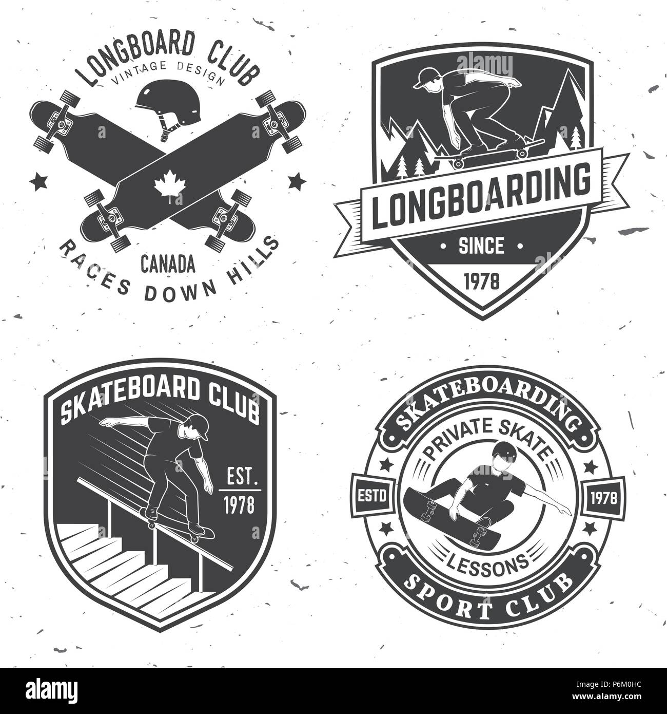Set of Skateboard and longboard club badges. Vector illustration. For skate club emblems, signs and t-shirt design. Vintage typography design with skateboards, skate truck and helmet. Extreme sport. Stock Vector