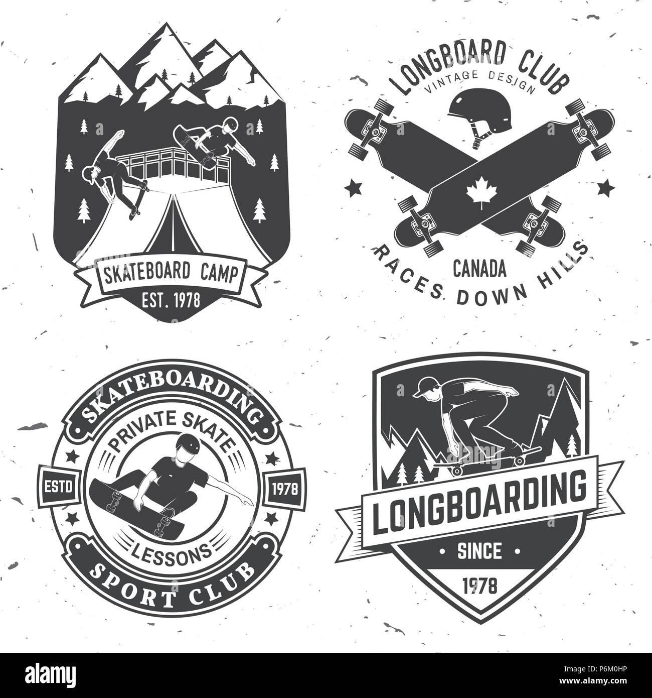 Set of Skateboard and longboard club badges. Vector illustration. For skate  club emblems, signs and t-shirt design. Vintage typography design with  skateboards, skate truck and helmet. Extreme sport Stock Vector Image &