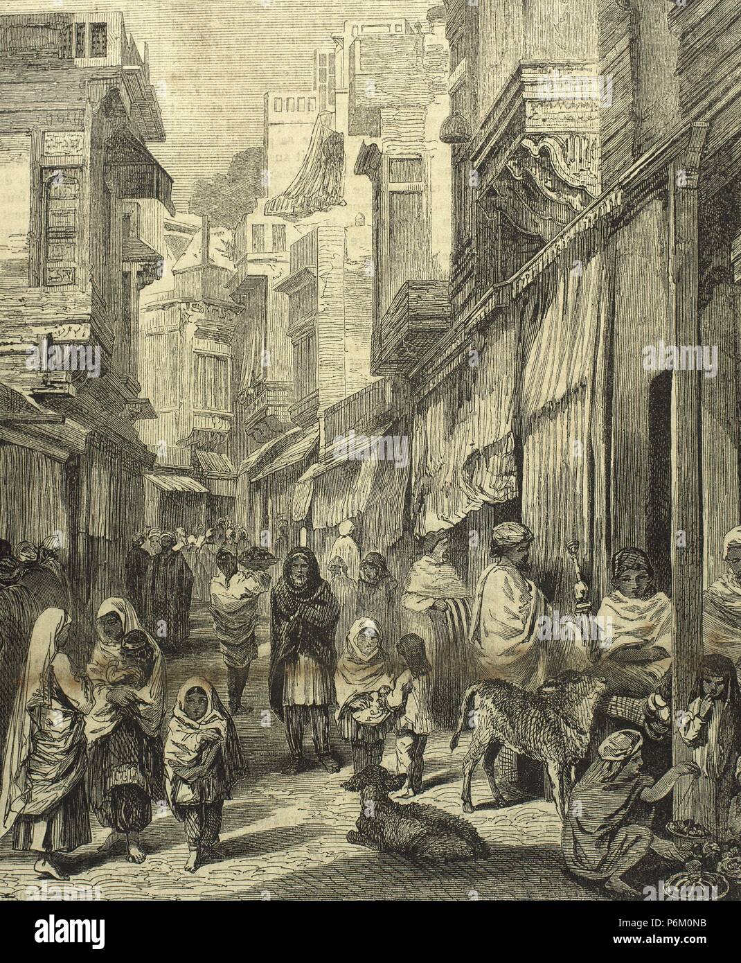 India. Varanasi. Street of the city. Daily life. 19th century. Engraving. Stock Photo