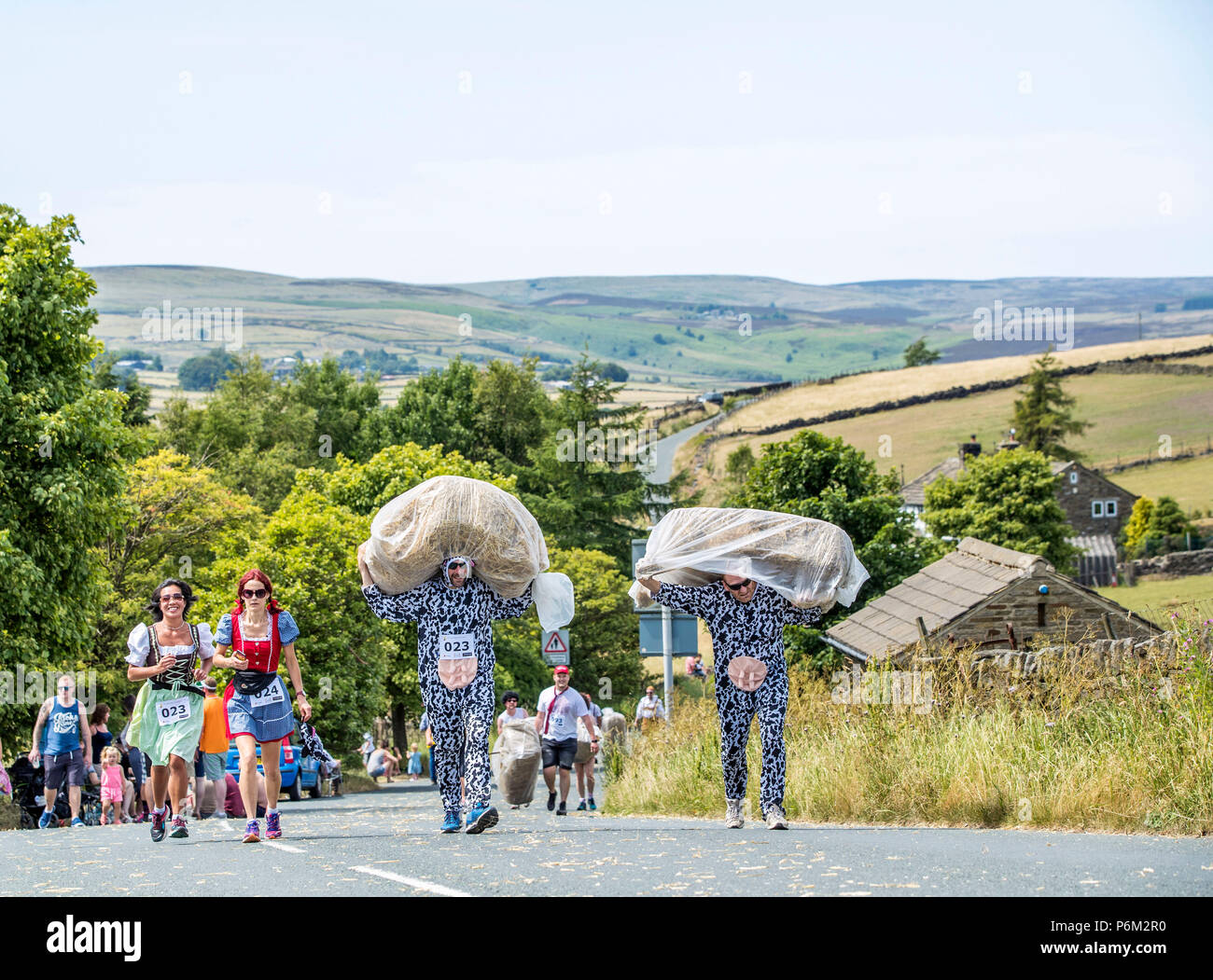 Competitors takes part on the Oxenhope Straw Race in Yorkshire, a 2.5