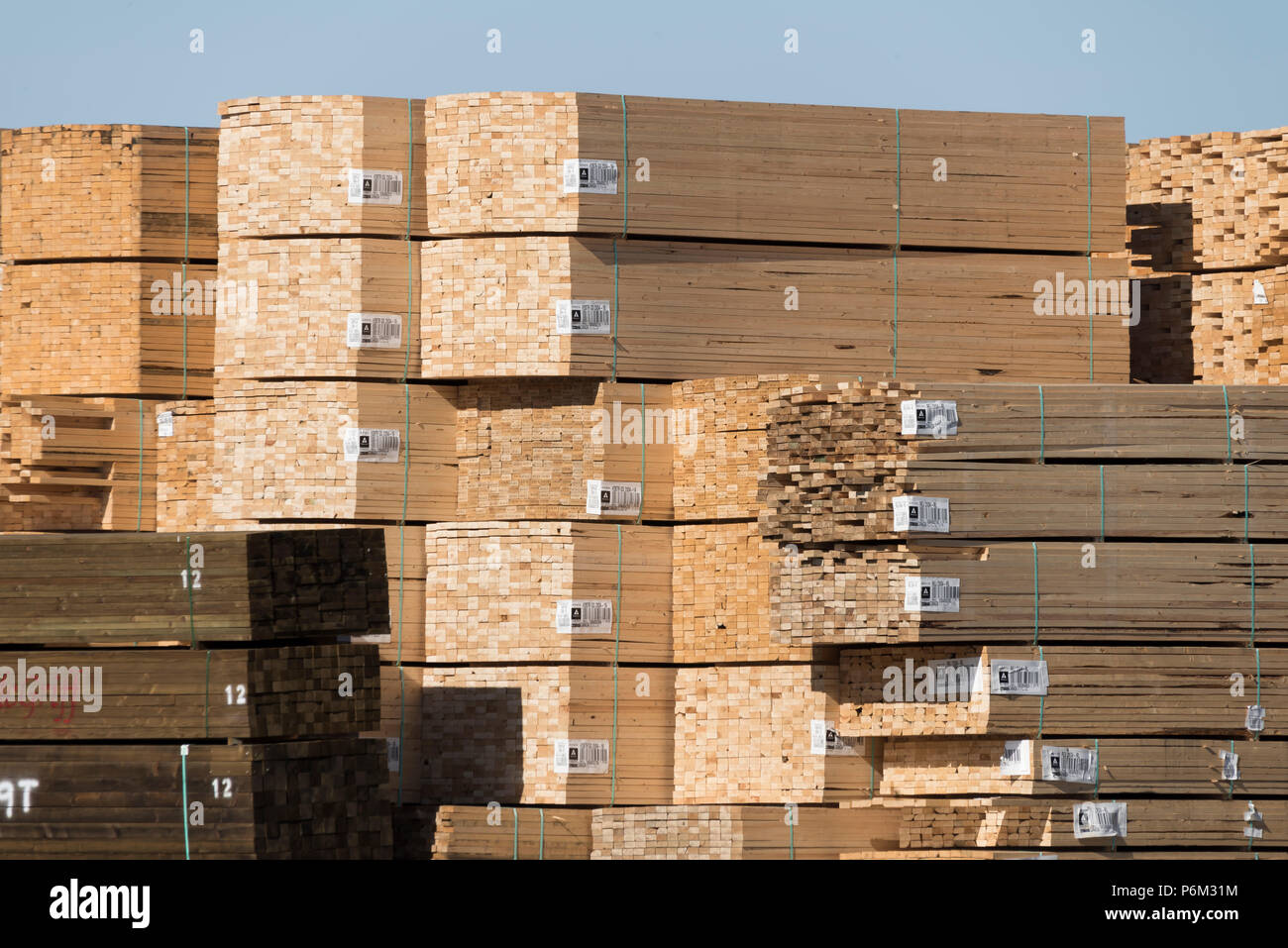 Canadian softwood lumber bundled and stacked ready for export to world