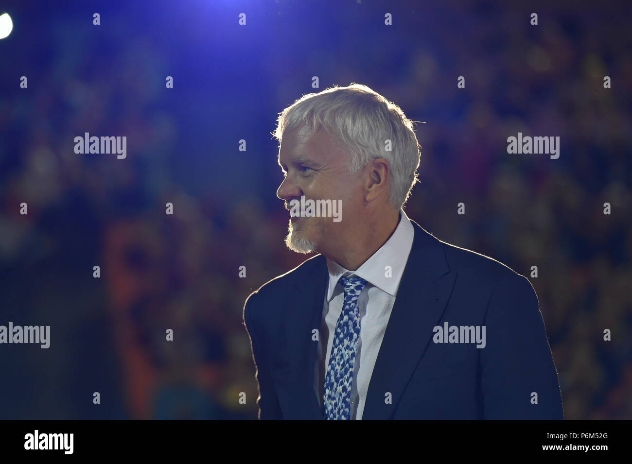 American actor and director Tim Robbins, who was awarded with the Crystal Globe Award for Outstanding Artistic Contribution to World Cinema, introduces The Shawshank Redemption movie in outdoor cinema during the 53d International Film Festival in Karlovy Vary (KVIFF), Czech Republic, on June 30, 2018. (CTK Photo/Slavomir Kubes) Stock Photo